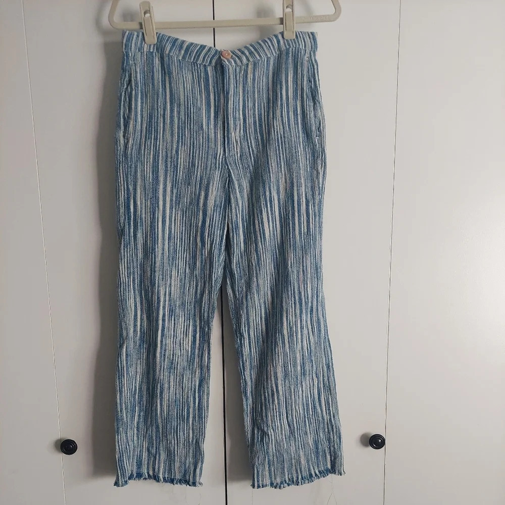 Free People Linen Marta Wide Leg Cropped Pants Blue Stripe 4 Bohemian Beach